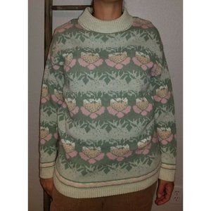 Aileen Green Floral Turtle Neck Sweater Size LARGE